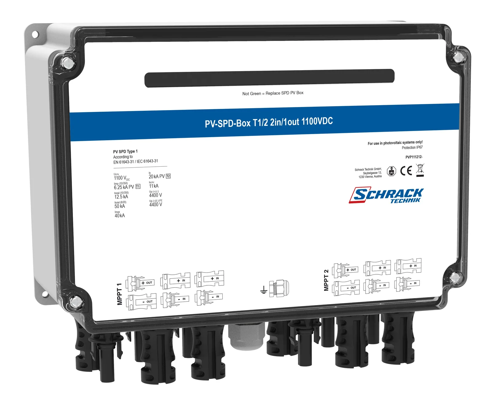 PV-SPD-Box T1/2, 2xIn/1xOut, 2xMPPT, 1100VDC, MC4 connection